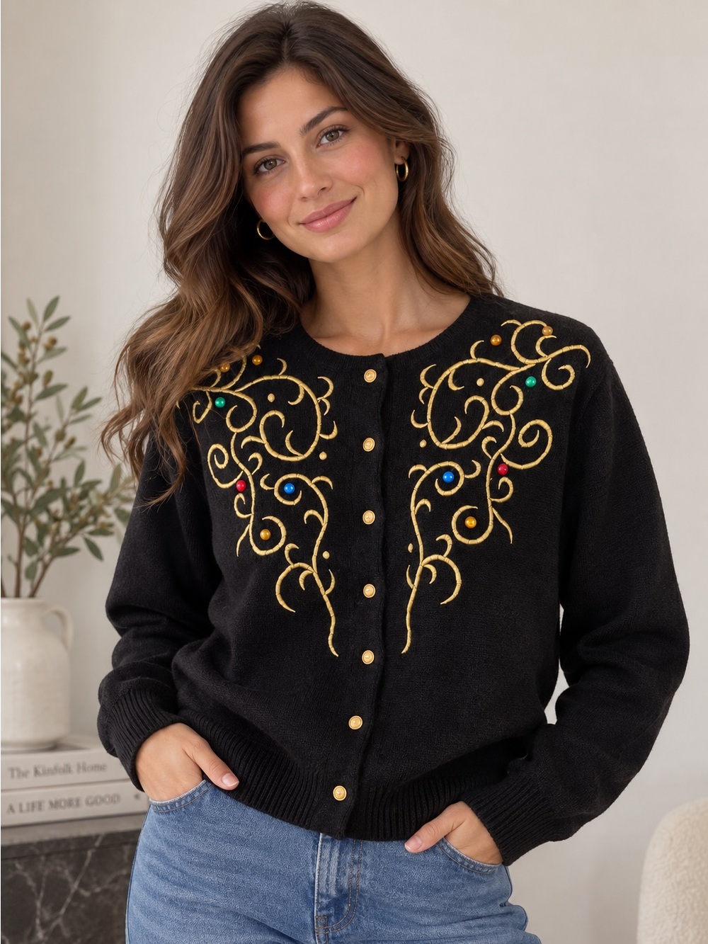 Vintage Braemar by Jeremy Scott Black Angora Wool Rhinestone Cardigan M